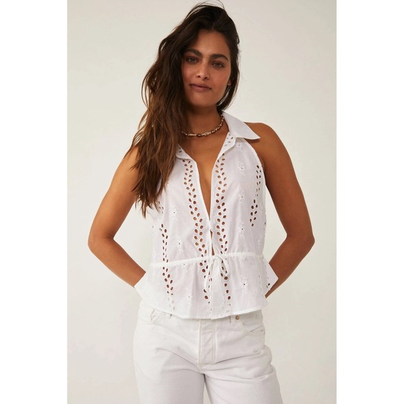 Free People Tangerine Tank‎ Ivory Eyelet Embroidered Top Size Small Boho Country - Picture 1 of 8